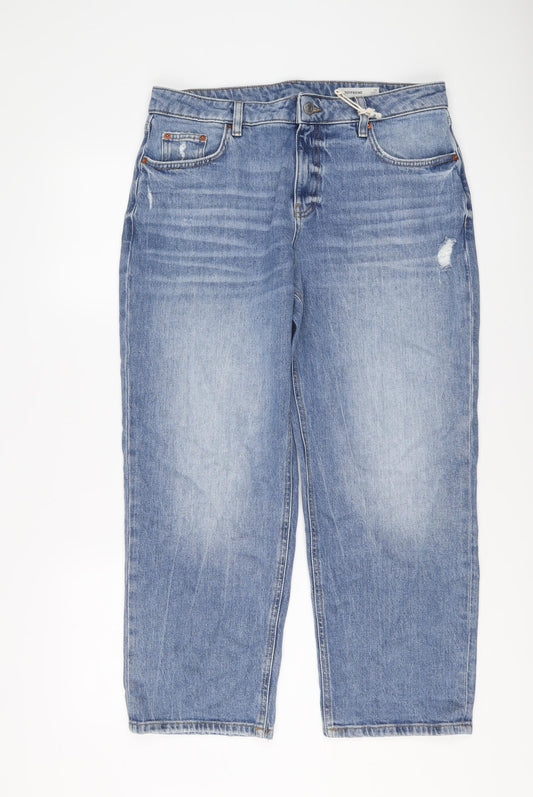 Marks and Spencer Womens Blue Cotton Boyfriend Jeans Size 14 L26 in Regular Button