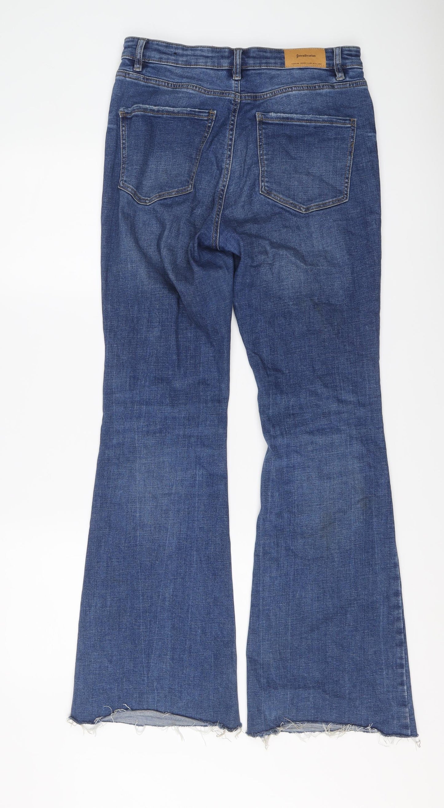 Stradivarius Womens Blue Cotton Flared Jeans Size 14 L30 in Regular Button - Frayed Hem