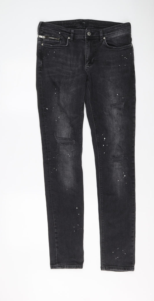 River Island Mens Grey Cotton Skinny Jeans Size 32 in L34 in Regular Button - Paint Splatter Style