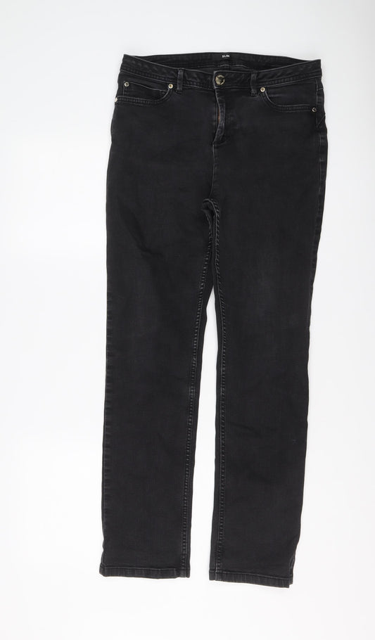 Marks and Spencer Womens Black Cotton Straight Jeans Size 14 L29 in Slim Button