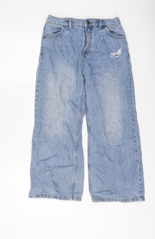 F&F Girls Blue Cotton Wide-Leg Jeans Size 11-12 Years Regular Button