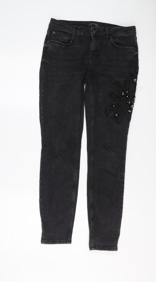 Zara Womens Black Cotton Skinny Jeans Size 10 L28 in Regular Button
