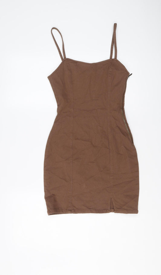 H&M Womens Brown Cotton Mini Size 6 V-Neck Zip