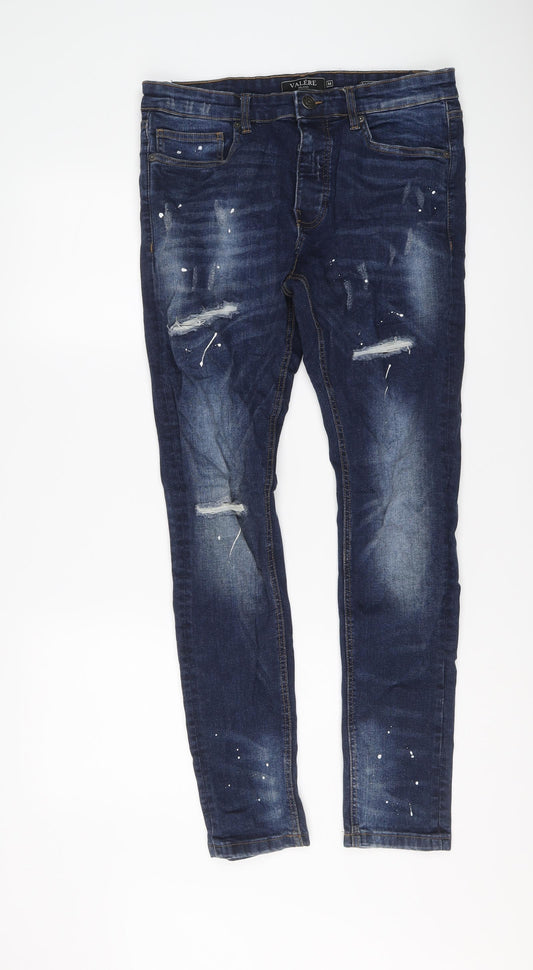 Valére Mens Blue Cotton Skinny Jeans Size 32 in L30 in Regular Button - Paint Splatter Style