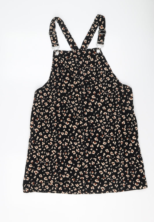 TU Womens Black Animal Print Cotton Pinafore/Dungaree Dress Size 14 Square Neck Buckle - Leopard pattern