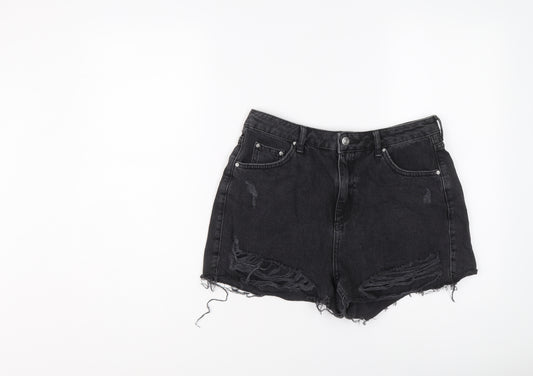 Topshop Womens Black Cotton Hot Pants Shorts Size 12 L3 in Regular Button - Distressed