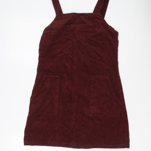 New Look Womens Red Cotton Pinafore/Dungaree Dress Size 8 Square Neck Zip