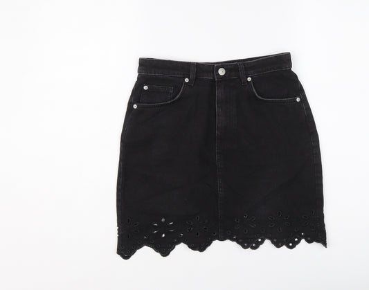 H&M Womens Black Cotton A-Line Skirt Size 8 Button