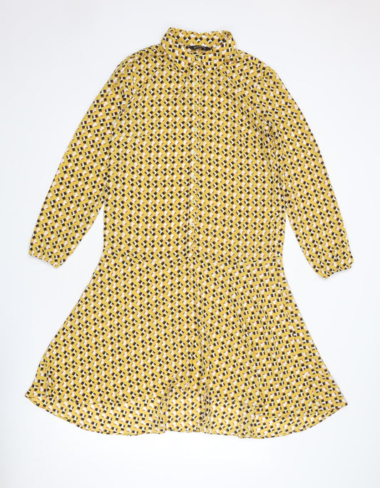 Kaleidoscope Womens Yellow Geometric Polyester Shirt Dress Size 10 Collared Button