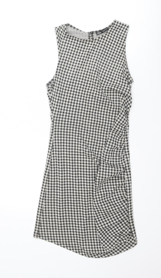 Zara Womens Black Plaid Polyester Tank Dress Size M Round Neck Button