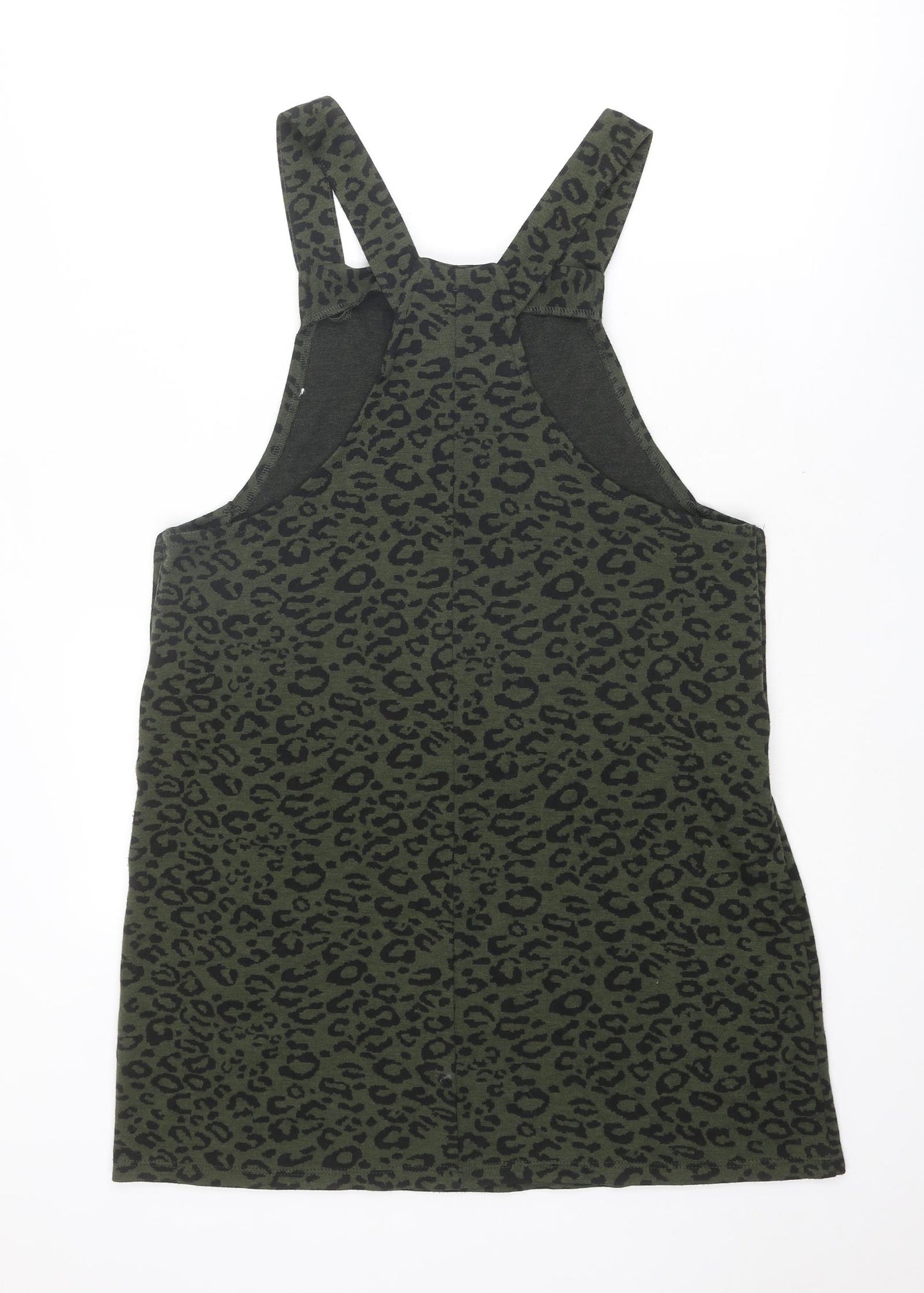 New Look Womens Green Animal Print Polyester Pinafore/Dungaree Dress Size 14 Square Neck Button - Leopard Print