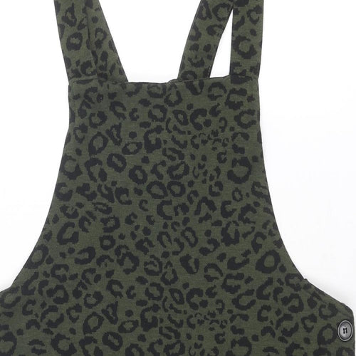 New Look Womens Green Animal Print Polyester Pinafore/Dungaree Dress Size 14 Square Neck Button - Leopard Print