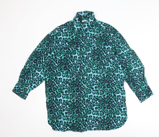 Gallery Womens Green Animal Print Cotton Basic Button-Up Size S Collared - Leopard Print