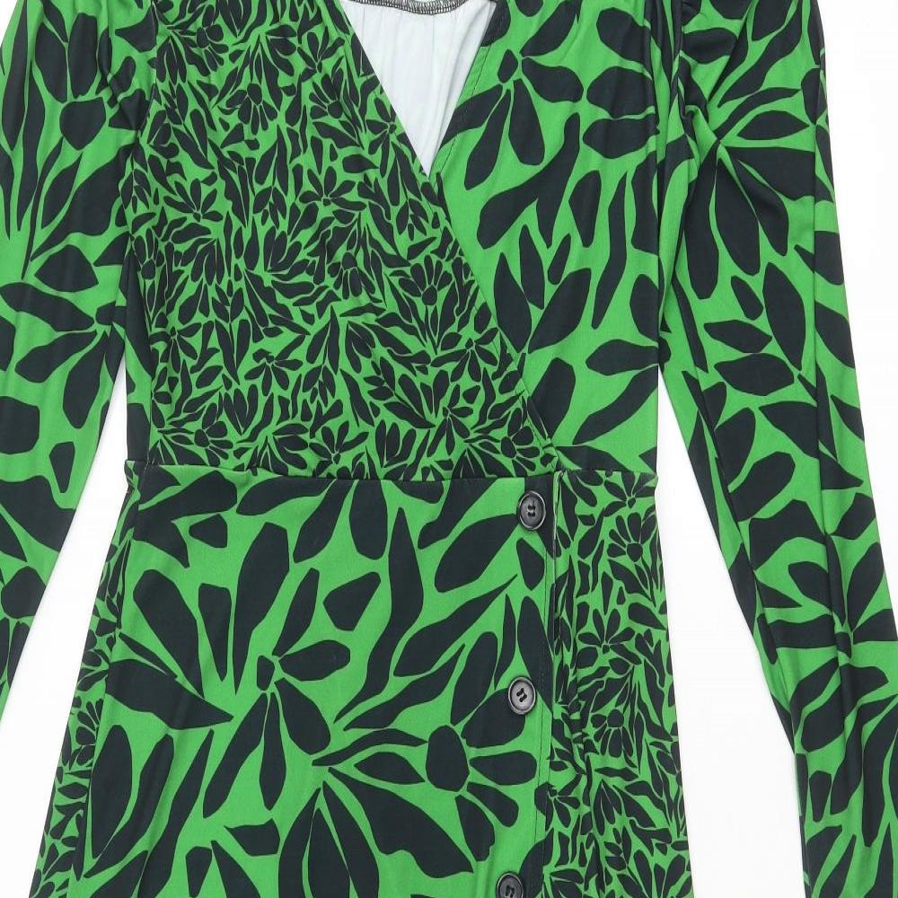 Warehouse Womens Green Geometric Polyester A-Line Size 10 V-Neck Pullover - Leaf pattern
