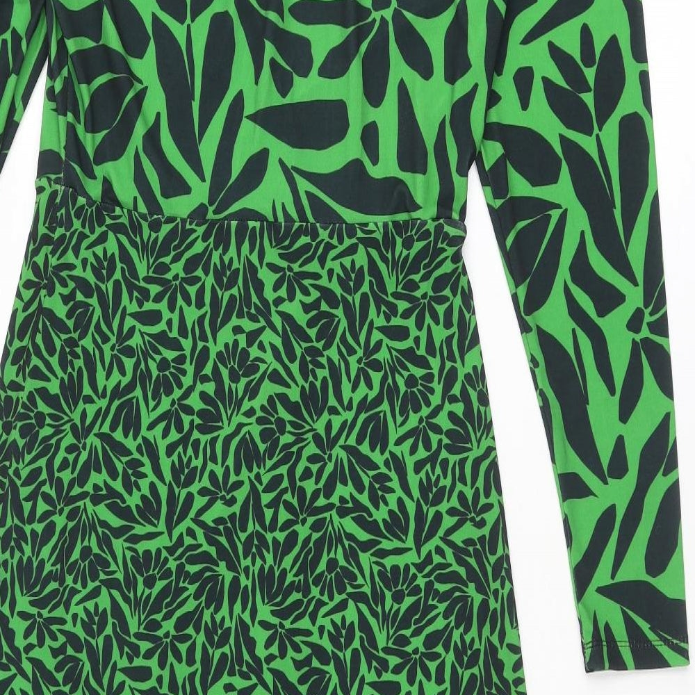 Warehouse Womens Green Geometric Polyester A-Line Size 10 V-Neck Pullover - Leaf pattern