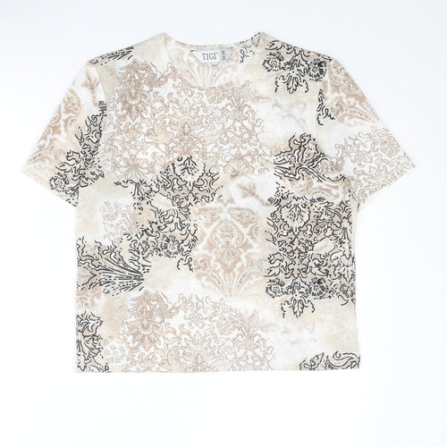 TIGI Womens Beige Geometric Polyester Basic T-Shirt Size 14 Round Neck - Size 14-16