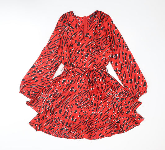 Quiz Womens Red Animal Print Polyester Skater Dress Size 8 V-Neck Zip - Leopard tiger pattern