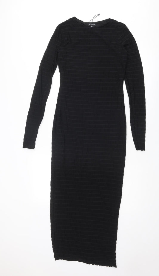 PRETTYLITTLETHING Womens Black Striped Polyester Bodycon Size 8 Round Neck Pullover