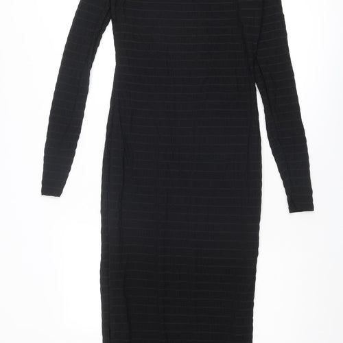 PRETTYLITTLETHING Womens Black Striped Polyester Bodycon Size 8 Round Neck Pullover