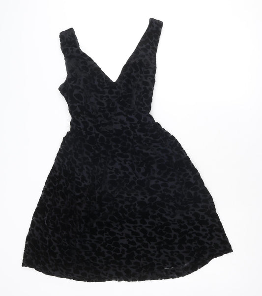 Fusion Womens Black Animal Print Viscose Fit & Flare Size 10 V-Neck Zip - Cheetah pattern