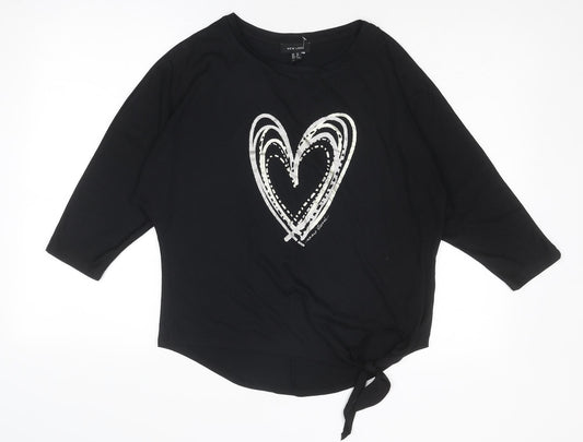 New Look Womens Black Polyester Basic T-Shirt Size 10 Round Neck - Heart Knot Detail
