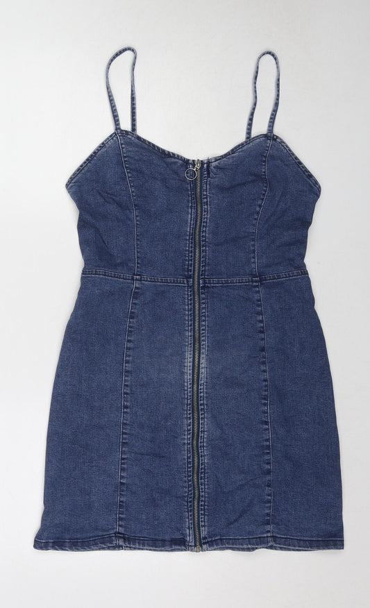 Denim & Co. Womens Blue Cotton Mini Size 12 V-Neck Zip