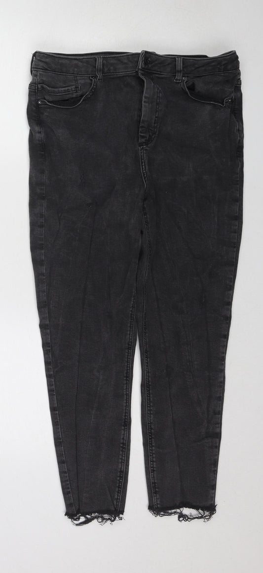 New Look Womens Black Cotton Tapered Jeans Size 16 Regular Zip - Frayed Hem