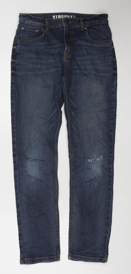 TU Boys Blue Cotton Straight Jeans Size 12 Years Regular Zip - Distressed Knee