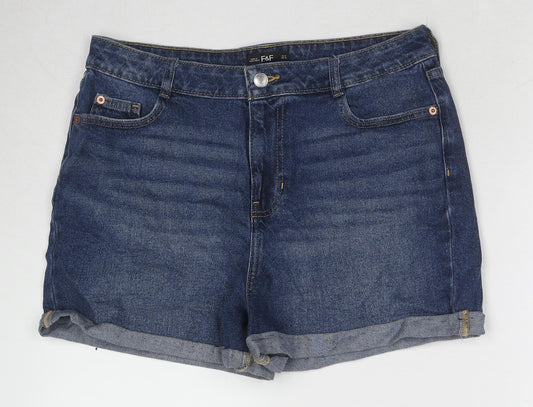 F&F Womens Blue Cotton Hot Pants Shorts Size 12 Regular Zip