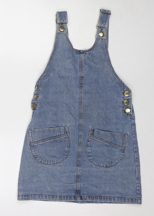 Denim & Co. Womens Blue Cotton Pinafore/Dungaree Dress Size 8 Scoop Neck Zip