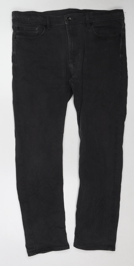 Marks and Spencer Mens Black Cotton Straight Jeans Size 36 in L29 in Regular Zip