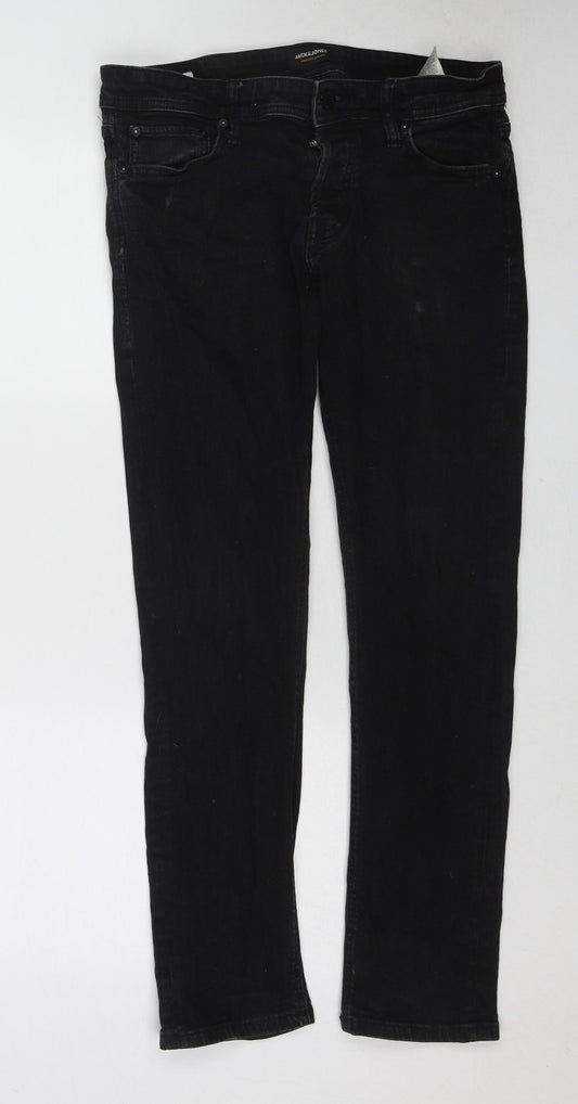 JACK & JONES Mens Black Cotton Straight Jeans Size 33 in L32 in Slim Zip