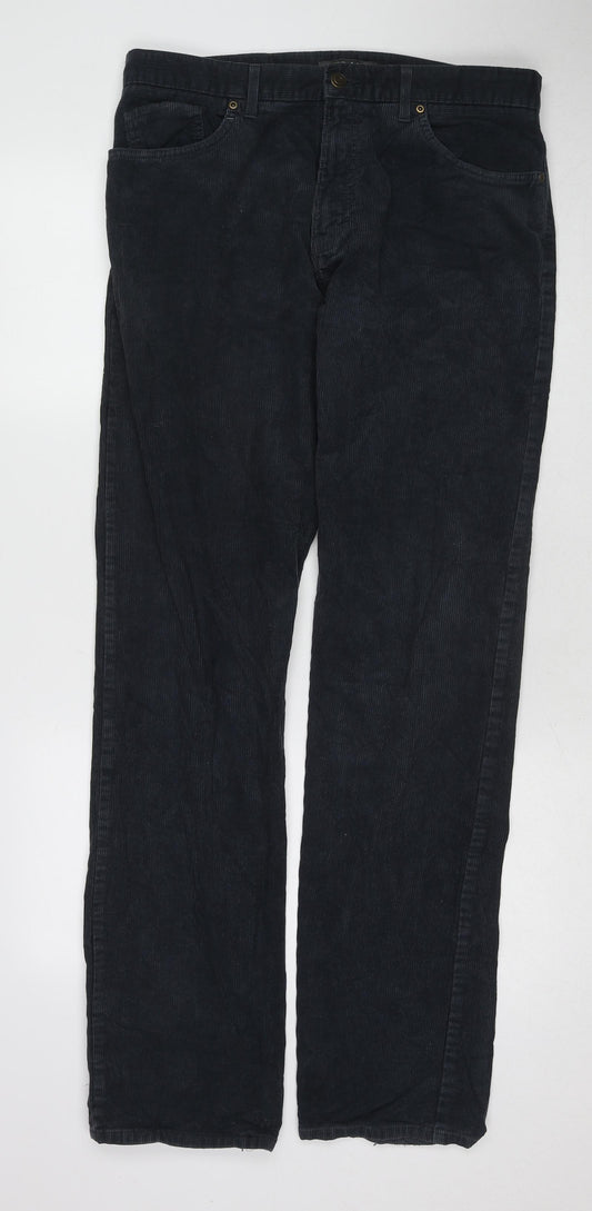 Marks and Spencer Mens Blue Cotton Trousers Size 34 in L33 in Regular Zip
