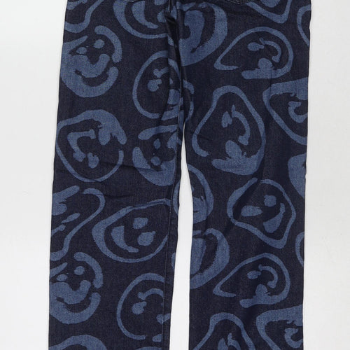 COLLUSION Womens Blue Geometric Cotton Straight Jeans Size 24 L32 in Regular Zip - Smiley Face Pattern