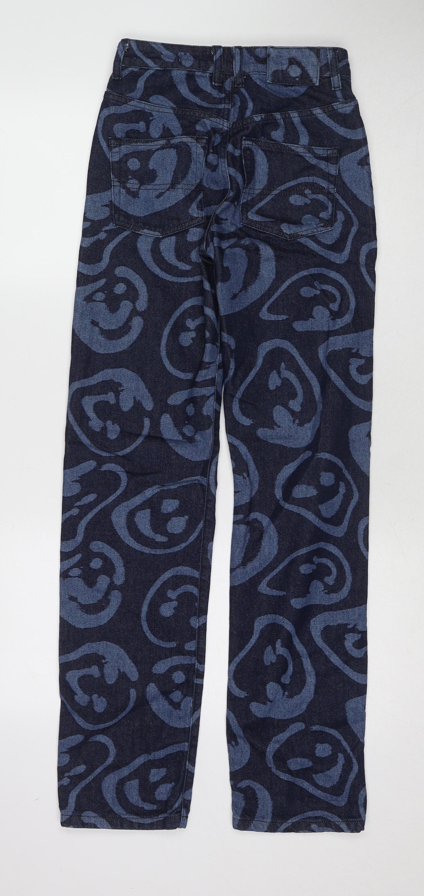 COLLUSION Womens Blue Geometric Cotton Straight Jeans Size 24 L32 in Regular Zip - Smiley Face Pattern