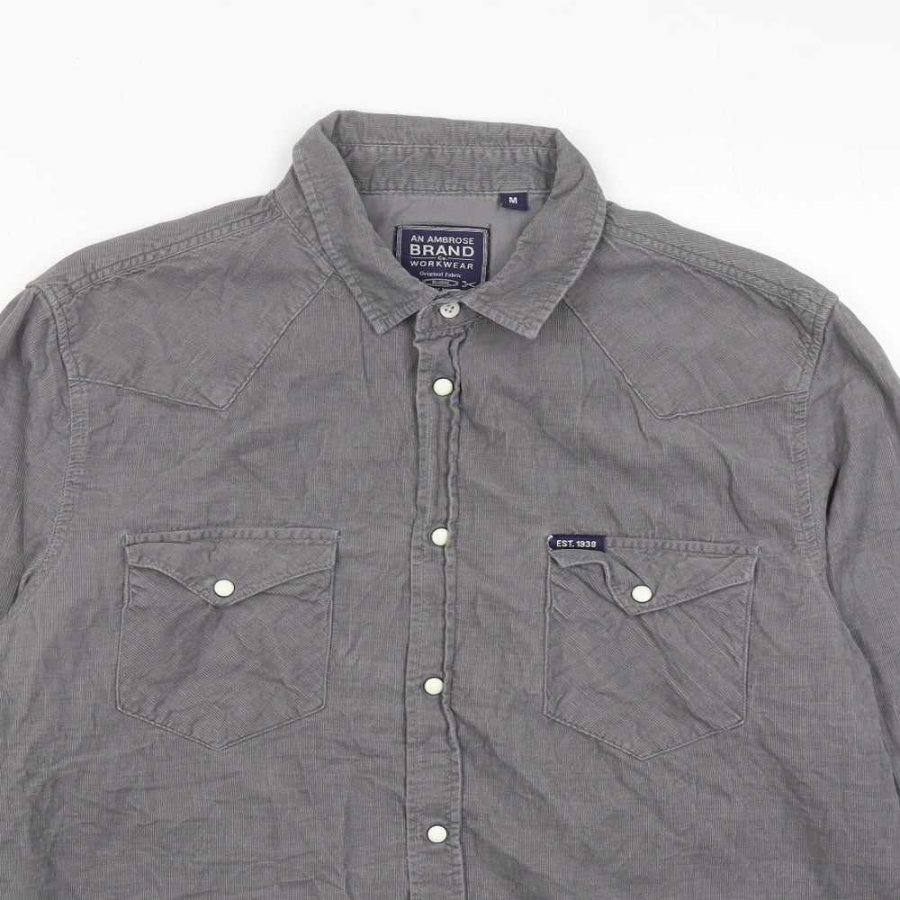 An Ambrose Brand Mens Grey Cotton Button-Up Size M Collared Button