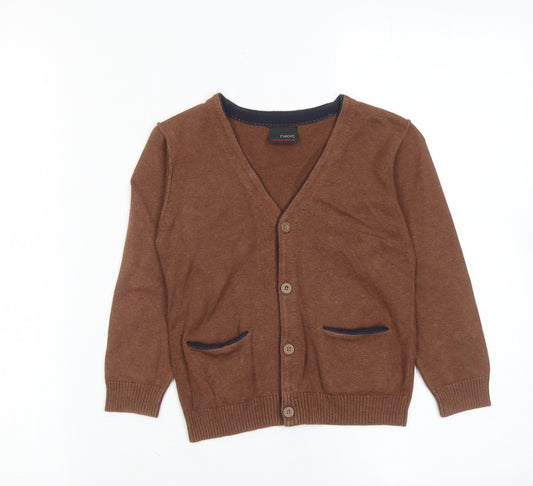 NEXT Boys Brown V-Neck Cotton Cardigan Jumper Size 4 Years Button