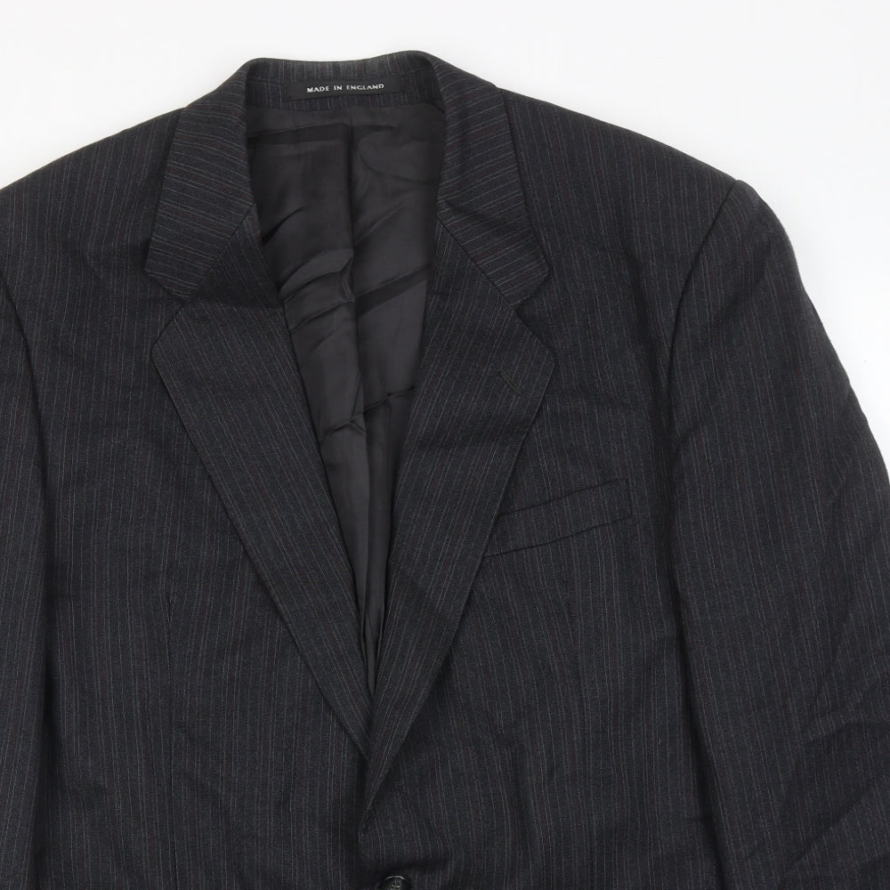 The label Mens Grey Striped Wool Jacket Suit Jacket Size 44 Regular