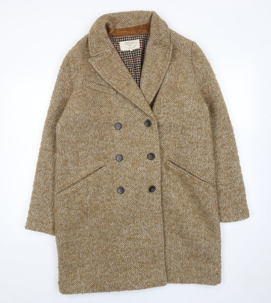Zara Womens Brown Geometric Overcoat Coat Size L Button