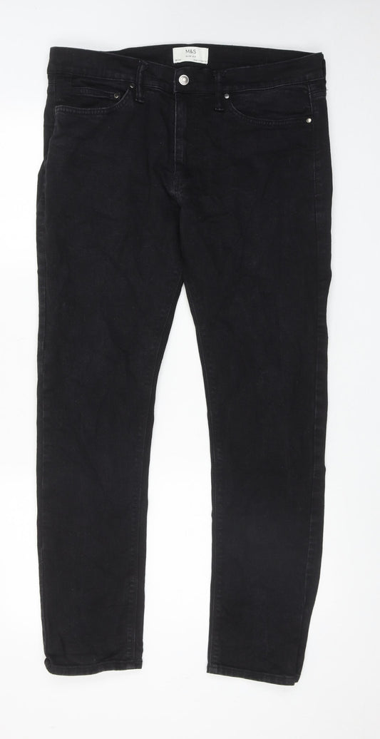 Marks and Spencer Mens Black Cotton Straight Jeans Size 34 in L31 in Slim Zip