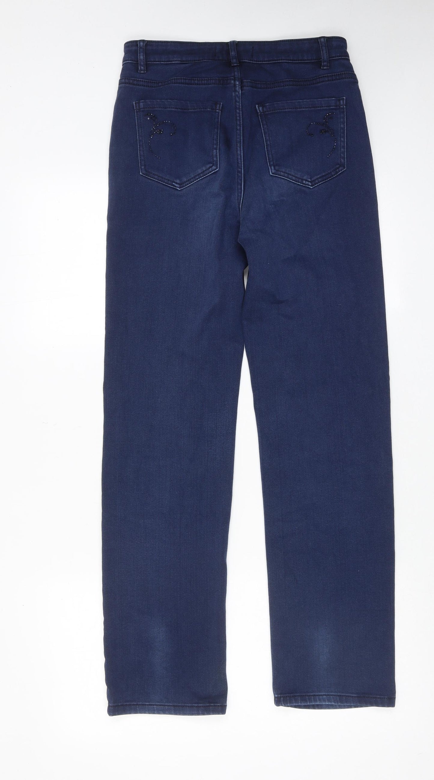 Marks and Spencer Womens Blue Cotton Straight Jeans Size 8 Regular Zip - Embellished Pockets