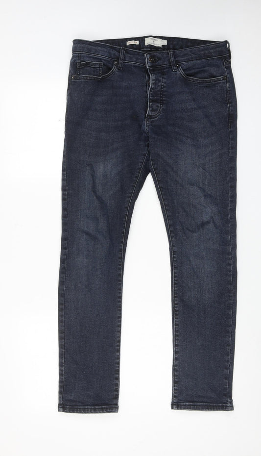 Topman Mens Blue Cotton Straight Jeans Size 30 in Slim Zip
