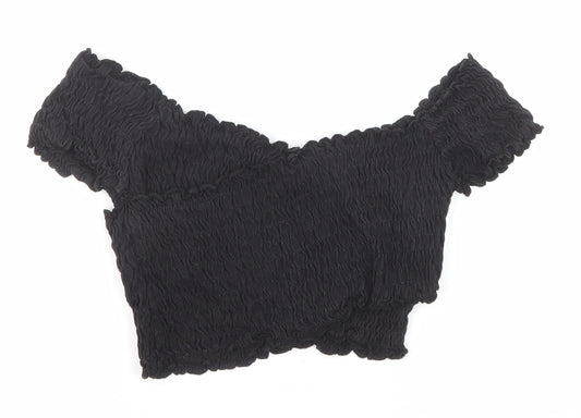 River Island Womens Black Cotton Cropped Blouse Size 8 V-Neck