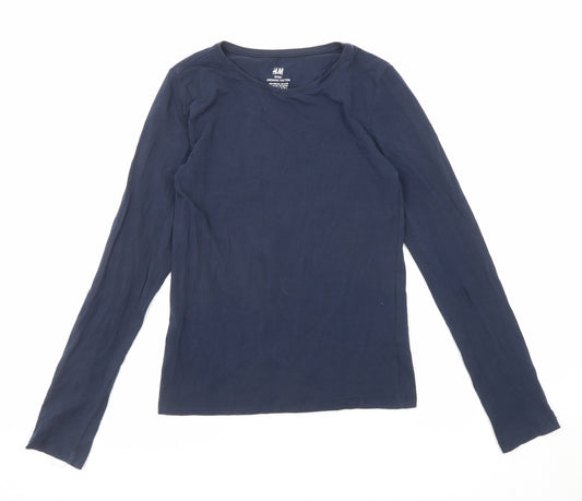 H&M Girls Blue Cotton Basic T-Shirt Size 12-13 Years Round Neck Pullover - 12-14 Years