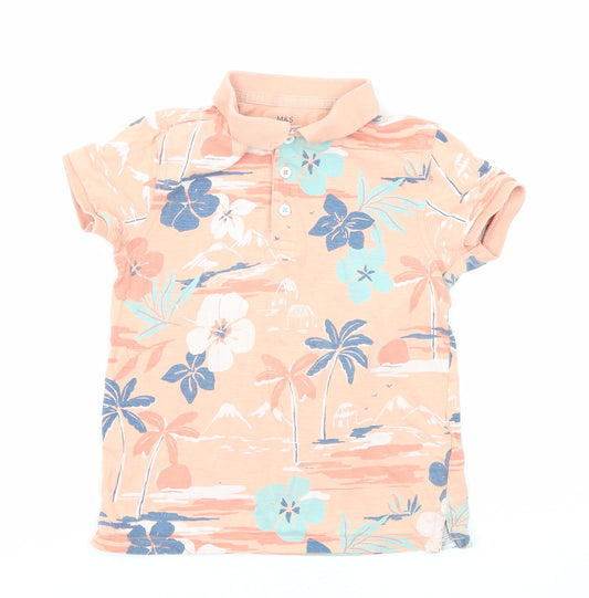 Marks and Spencer Boys Orange Geometric Cotton Basic Polo Size 4-5 Years Collared Button - Flowers and Palm Trees