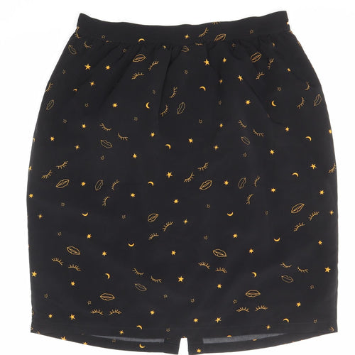Harkett Womens Black Geometric Polyester A-Line Skirt Size 16 Button - Star moon face pattern