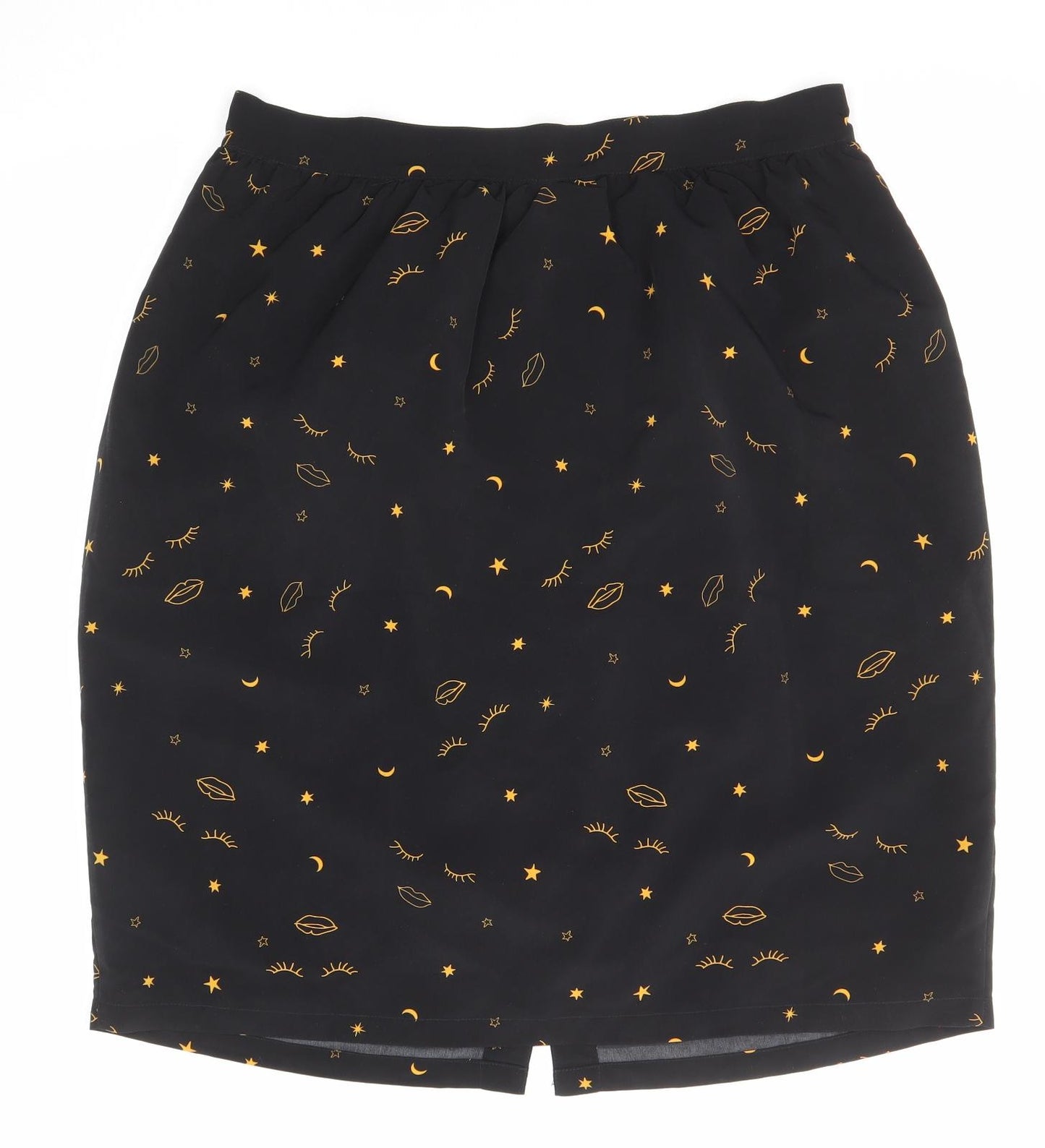 Harkett Womens Black Geometric Polyester A-Line Skirt Size 16 Button - Star moon face pattern