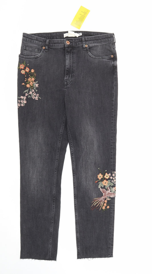 H&M Womens Black Cotton Straight Jeans Size 14 Regular Zip - Flower detail