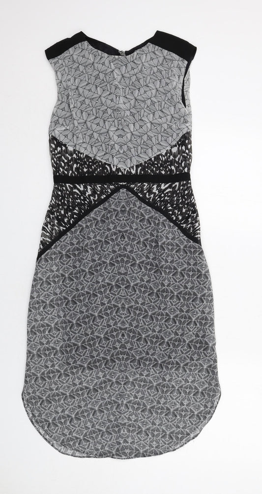 Warehouse Womens Grey Geometric Polyester Shift Size 12 Round Neck Zip - Open Back