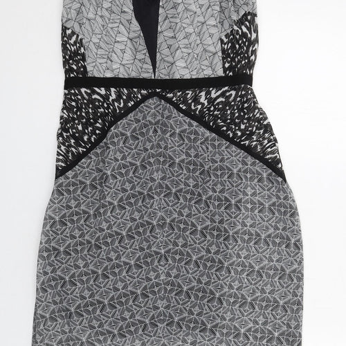 Warehouse Womens Grey Geometric Polyester Shift Size 12 Round Neck Zip - Open Back